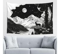 Black and White Tapestry, Starry Night Mountain Tapestries for Bedroom Aesthetic Moon and Stars, Wolf and fawn Tapastry's Wall Hanging Dark Nature Forest Wall Tapestry for Living Room Dorm (60" x 40")
