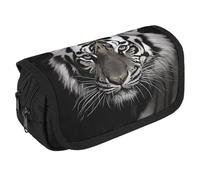Black And White Tiger Pencil Case Organizer - Large Capacity 3 Compartment Pencil Pouch for Adults, Portable Makeup Bag & Aesthetic Stationery Bag with Zipper (8.7x4.3") Unisex Gift