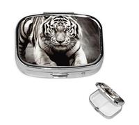 Black and White Tiger Pill Box 2 Compartment Medicine Pill Organizer Square Pill Case for Purse & Pocket Travel Pillbox Portable Metal Medicine Vitamin Fish Oil Organizer Unique Gift