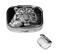 Black and White Tiger Pill Box 2 Compartment Medicine Pill Organizer Square Pill Case for Purse & Pocket Travel Pillbox Portable Metal Medicine Vitamin Fish Oil Organizer Unique Gift