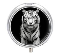 Black and White Tiger Pill Box 3 Compartment Small Pill Case for Purse Or Pocket Mini Metal Pillcase Medicine Organizer, Round Daily Medicine Container to Hold Vitamins, Fish Oil