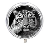 Black and White Tiger Pill Box 3 Compartment Waterproof Pill Container with Mirror Metal Medicine Box Organizer Portable Vitamin Case for Pocket & Purse Travel - Round