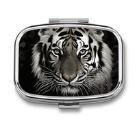 Black and White Tiger Pill Case for Travel, Rectangle Metal Pill Organizer with 2 Compartments, Portable Daily Medicine Box for Purse, Wallet