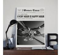 Black And White Trendy Newspaper Poster Art Print Every Hour Is Happy Hour (2) Vintage Women Time Newspaper Wall Art Decor For Bar Cart Women Or Girl Dorm Room Bedroom Living Room