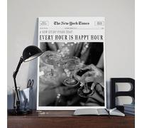 Black And White Trendy Newspaper Poster Art Print Every Hour Is Happy Hour Vintage New York Time Newspaper Wall Art Decor For Bar Cart Women Or Girl Dorm Room Bedroom Living Room