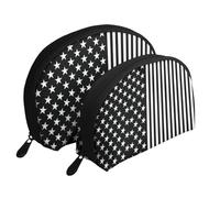 Black and White US Flag Portable Shell Cosmetic Bag Set - Travel Makeup Organiser with Zipper & Inner Compartments