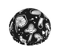 Black And White Various Mushrooms Waterproof Shower Cap,Elastic Bathing Hair Cap Environmental Protection Hair Bath Caps, Double WaterproofBathing Shower Hat