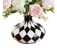 Black And White Vase - Resin Checkered Small Planter | Decorative Checkered Home Decor | Flat And Round Flower Vase | Decorative Planter For Kitchen, Living Room, Bedroom, Bathroom