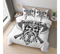 Black and White Viking Duvet Cover King Size 220x230 cm, Axe Skull Warrior Bedding Sets, Soft Reversible Microfiber Quilt Cover and 2 Pillowcases, Zipper Closure H-4