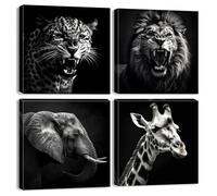 Black and White Wall Art Animal Wall Pictures Living Room Decor Lion Canvas Prints Elephant Giraffe Leopard Paintings Wildlife Pictures Animal Portrait Hallway Decor Home Decoration 30x30cm 4Pcs