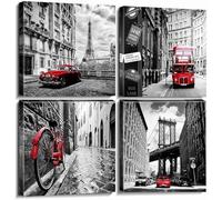 Black and White Wall Art for Living Room Red City Wall Decor Modern London Paris Cityscape Painting Canvas Prints Europe Building Landscape Posters Artwork Bedroom Office Home Decoration 30x30CM 4PCs