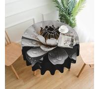 Black And White Water Lily Printed Round Tablecloth,Dust-Proof Wrinkle Resistant Table Cover Washable Polyester Table Cloth For Kitchen Dining Room Farmhouse Picnic Indoor Outdoor(Round 60 Inch)