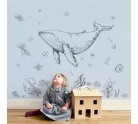 Black and White Whale Wall Stickers Ocean Fish Seaweed Grass Jellyfish Wall Decals for Bathroom Peel and Stick Under The Sea Wall Art Decals for Baby Nursery Kids Bedroom Bathroom