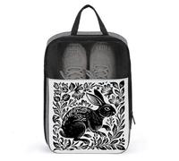 Black and White Woodblock Rabbit Shoe Bag for Travel Daily Use Anti-dust Storage Carrier Golf Shoe Pouch