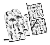 Black and WhiteMushroom Fansmall Black and WhiteMushroom Oven Mitts and Pot Holders Sets of 4,NonSlip Heat Resistant Oven Gloves for Baking Cooking Grilling BBQ