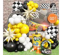 Black and Yellow White Balloon Arch Kit, 115 Pcs Race Car Birthday Party Decorations Balloons Garland, 18 Inch Checkered Mylar Explosion Star Foil Balloons for Kids One Happy Face Dude Decorations