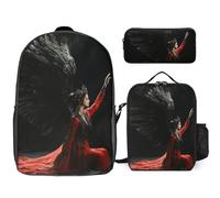 Black Angel 3 Pieces Set Laptop Backpack Casual Daypack with Lunch Box Pencil Case for Travel