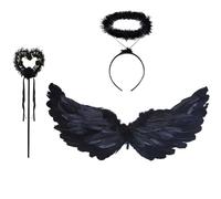 Black Angel Wings and Halo,60*30cm Feather Wings Angel Halo Headband Black Angel Wings Fallen Angel Wings Costume for Adult Women Kids Angel Halloween Christmas Birthday Party Costumes Decoration