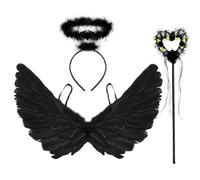 Black Angel Wings with Wand and Devil Horns Headband - Womens Halloween Costume Adult Set for Dark Fallen Angel Party Look