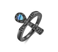 Black Ankh Ring 925 Sterling Silver Eye of Horus Abalone Shell Ring Egyptian Religious Pagan Ankh Jewellery Gifts for Women Men(8)