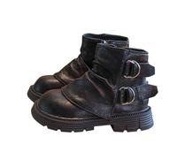 Black Ankle High Fleece Lined Girls Boots Faux Leather Side Zipper School Shoes Punk-Inspired Riding Boots Double Buckle Straps Winter Warmth Hiking Shoes Non-Slip Soft Sole Kids Footwear Size 9