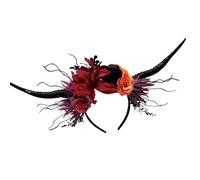Black Antelope Horn Hairband with Dark Flower Detail, C | Scary Devil Horn Headpiece with Realistic Flower Decors Great for Cosplay and Role Play Activity Halloween, Day