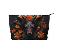 Black antelope with flowers Women's corduroy cosmetic bag, portable zipper hand-held wallet, suitable for travel and daily storage of cosmetics,