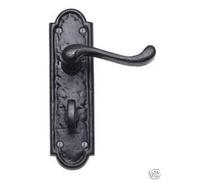 Black Antique Victorian Scroll Door Handles on Shaped Backplate Lever Bathroom