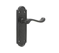Black Antique Victorian Scroll Door Handles on Shaped Backplate Lever Latch