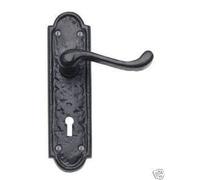 Black Antique Victorian Scroll Door Handles on Shaped Backplate Lever Lock