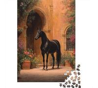 Black Arabian Horse 38x26cm/1000pcs Erwachsenenpuzzle - Mediterranean Villa Courtyard Erwachsenenpuzzle DIY-Puzzlespielzeug