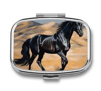 Black Arabian Horse Pill Box, 2 Compartment Medicine Pill Case, Portable Pill Organizer for Pocket Or Purse Decorative Metal Medicine Vitamin Organizer