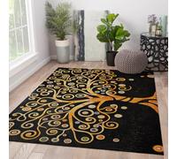 Black Area Rug 160x230 Living Room Rugs Large Soft Boho Tree of Life Rugs Non-slip Foldable Washable Area Rug Non Shedding Abstract Swirl Gold Cosmic Spiral Indoor Floor Carpet for Office Dining Room