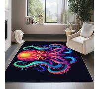Black Area Rugs for Living Room, Strange Fantasy Sketch Octopus Skull Printed Bedroom Rug, 80 x 150 cm Anti-Slip Non Shedding Carpet, Easy to Clean for Hallway Bedroom Bedside Office