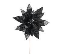 Black Artificial Poinsettia Flower - 28 cm Velvet Christmas Tree Pick with Silver Glitter
