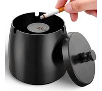 Black Ashtray with Lid, Stainless Steel Ash Tray for Outside Smell Proof Metal Ash Holder Windproof for Outdoor Patio Garden Home Bar Balcony Office Decoration
