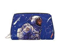 Black astronaut on blue Makeup Bag for Women Cosmetic Bags Leather Travel Makeup Case Organizer Waterproof Make up Pouch Open Flat Toiletry Bag Portable Storage Pouch for Travelling, Gold, One Size