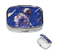 Black Astronaut On Blue Pill Box with Mirror, 2 Compartment Small Pill Case for Purse Or Pocket Mini Metal Pill Holder Travel Weekly Medicine Tablet Vitamin Holder Organizer Travel Gifts