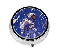 Black Astronaut On Blue Pill Box with Mirror, 3 Compartment Small Pill Case for Purse Or Pocket Mini Metal Pill Holder Travel Weekly Medicine Tablet Vitamin Holder Organizer Travel Gifts