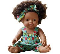 Black Baby Dolls, 12 Inch American African Realistic Baby Doll with Dress, Movable Joint and Curly Hairs Soft Washable Dark Skin Doll for Kids Gifts