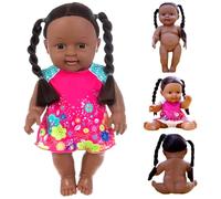 Black Baby Dolls, 12 Inch American African Realistic Baby Doll with Dress, Movable Joint and Double Ponytail Braid Dark Skin Doll for Kids Gifts