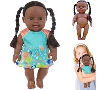 Black Baby Dolls, 12 Inch American African Realistic Baby Doll with Dress, Movable Joint and Double Ponytail Braid Dark Skin Doll for Kids Gifts, Blue Realistic Black