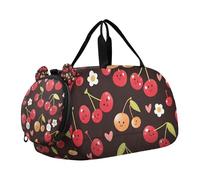 Black Background Cartoon Cute Red Cherries Small Gym Bag with Shoes Compartment Multifunctional Overnight Bag for Travel, Sports, Duffel, Weekender