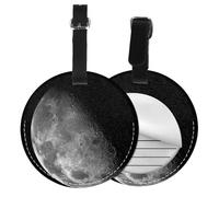 Black Background Moon Print Round Luggage Tag 10 Cm, Pu Leather Suitcase Label, Luggage Tags for Cruise Ships Suitcase Tags Beach Malibu Print Privacy Cover Id Label