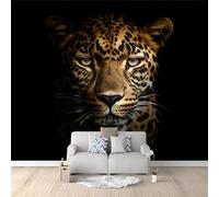 Black Background Wall Mural - 350 x 256 cm Animal Leopard Face in The Dark Photo Wallpaper for Boys' Bedroom, Living Room, Playroom, Nursery, Teen Room, Kids' Photo Mural Wall Art