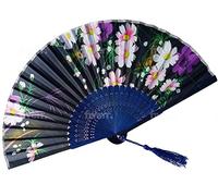 Black Background with Mum Floral Patterned Hand Fans Come With Fan Bag, Vintage Silk and Japanese Lace Designs with Bamboo Frames, Handheld Folding Fans Perfect for Weddings, Parties and Church Events