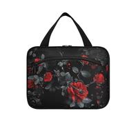 Black Background with Red Roses Falling Slowly Hanging Mens Travel Bag with Hook, Designer Multifunctional Quilted Makeup Bag for Travel Make up Hotel bolso para maquillaje L