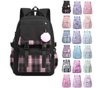Black Backpack Girls Plaid School Rucksack with Plush Lightweight School Bag with Zip Side Pocket Cute Travel Rucksack Aesthetic Backpack Large Capacity Y2k Casual Laptop Backpacks Preppy Daypack Age8