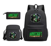 (Black) Backpack Minecraft Lunch Bag Crossbody Bag Pencil Case School 3pcs Kids Gift Set