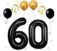 Black Balloon Number, Number 60 balloons Black,60th Birthday Balloon for Girl Boy,40" Foil Number 60 Balloons with Black Gold Latex Confetti Balloons for 60th Birthday Decorations